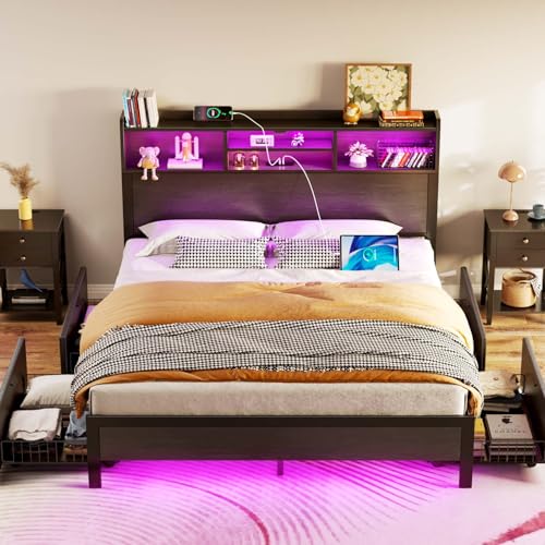 Rolanstar Full Bed Frame with Storage Headboard & 4 Drawers, Metal Platform Bed with Charging Station, LED Single Bed with Side Shelf, No Box Spring Needed, Easy Assembly, Black Rolanstar