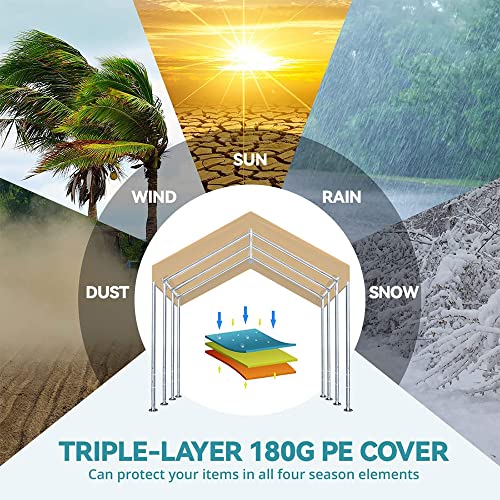 Rutile 10'x20' Carport Canopy ONLY Tent Garage Replacement Top Tarp Car Shelter Cover w/Ball Bungees Beige (Only Top Cover, Frame is not Included) Generic