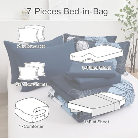 Luxudecor Navy Blue Comforter Set Queen Size, 7 Pieces Bed in a Bag Navy Blue Floral Comforter and Sheet Set, Soft Microfiber Complete Bedding Sets for All Seasons Luxudecor