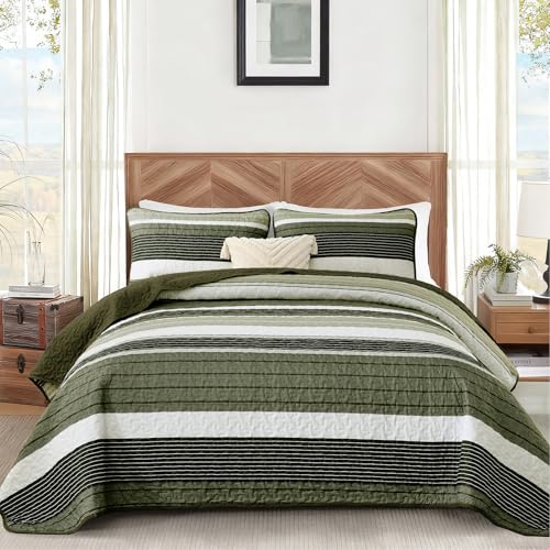 Quilt Set Queen Size Sage Green Striped Bedding Set 3 Piece Lightweight Bedspreads Coverlets Set Soft Microfiber Summer Striped Quilts With 2 Pillowcases All Season Patchwork Comforter Set 96"×90" Djoymock