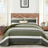 Quilt Set Queen Size Sage Green Striped Bedding Set 3 Piece Lightweight Bedspreads Coverlets Set Soft Microfiber Summer Striped Quilts With 2 Pillowcases All Season Patchwork Comforter Set 96"×90" Djoymock
