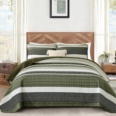 Quilt Set Queen Size Sage Green Striped Bedding Set 3 Piece Lightweight Bedspreads Coverlets Set Soft Microfiber Summer Striped Quilts With 2 Pillowcases All Season Patchwork Comforter Set 96"×90"