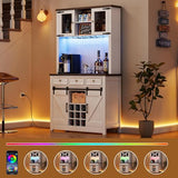 GarveeHome 72" Farmhouse Coffee Bar Cabinet with Sliding Barn Door, LED Lights & Power Outlets, Tall Kitchen Buffet Hutch with 3 Drawers & Wine Glass Rack, Ample Storage for Home Bar, White GarveeHome