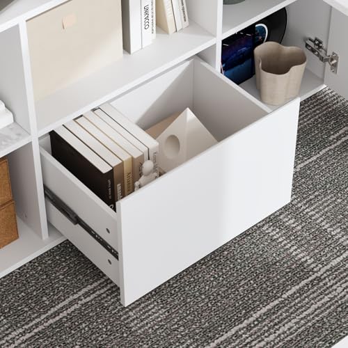WOODTIME U-Shaped Electric Standing Desk with Drawer, Doors & Open Shelves, Height Adjustable Home Office Computer Stand up Desk with Storage, White WOODTIME