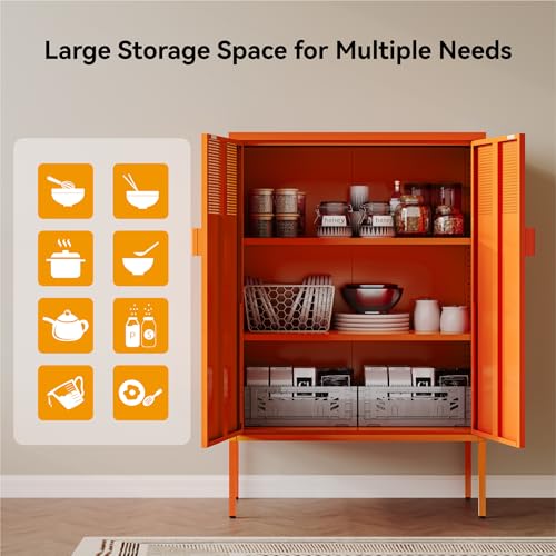 COFaR Orange Metal Storage Cabinet, 47”H Vibrant Coffee Bar & Buffet Sideboard with Adjustable Shelves, Fun Kitchen Organizer, Ventilated Steel Cabinet with Magnetic Doors for Dining Room, Office COFaR