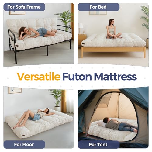 MAXYOYO 6" Futon Mattress Full Size, Tufted Futons Sofa Couch Bed with Twisted Rope Design Edging, Thick Corded Fabric Floor Mattress for Adults, Shredded Foam Filling (Frame Not Included), Beige MAXYOYO