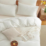 Nayoroom Striped Duvet Cover Queen Size 100% Washed Cotton White Brown Stripe Duvet Cover 3 Pieces Soft Breathable Girls Dorm Bedding Set for All Seasons, Yarn Dyed Process Nayoroom