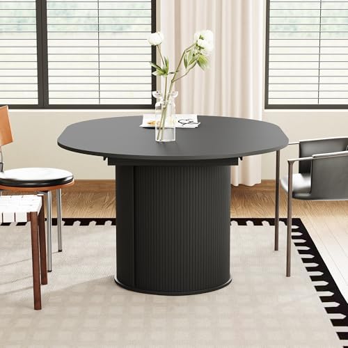 weselon 43"-59" Extendable Round to Oval Dining Table with Hidden Storage, Modern Wooden Kitchen Table with Fluted Sliding Door Cabinet, Expandable Dinner Table for Dining Room Living Room (Black) weselon