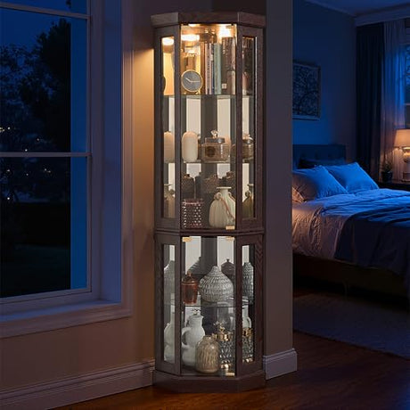 Casaphoria Corner Cabinet, Classic Curio Cabinet with Tempered Glass Doors & Adjustable Shelves for Home Decor, Space-Saving Accent Cabinet with Storage Rack for Collectibles & Liquor, (Cherry) Casaphoria