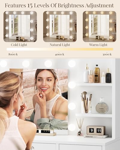 LIVELYGLOW Vanity Desk with Mirror and Lights, Makeup Vanity with Drawer & Storage Shelves, Cabinet, 3 Lighting Modes Adjustable Brightness, Bedroom Dressing Table, White LIVELYGLOW