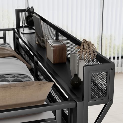 KEIKI Queen Size Metal Loft Bed Frame with Convertible Staircase, Built-in Storage Shelves and Wardrobe, Loft Bed with Solid Slats, Guardrail, No Box Spring Required, Easy Assembly, for Bedroom, Black KEIKI