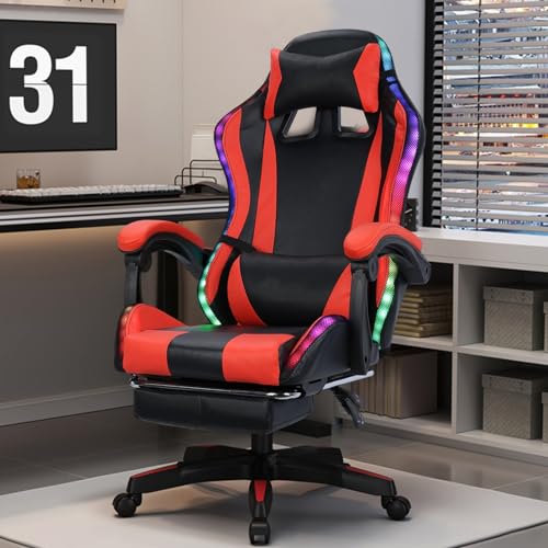 Gaming Chair with Bluetooth Speakers ＆ LED Lights, Ergonomic Massage Computer Chair Height Adjustable, Video Game Chair with 360° Swivel Seat and Headrest, High Back Lumbar Support Design cukoekim