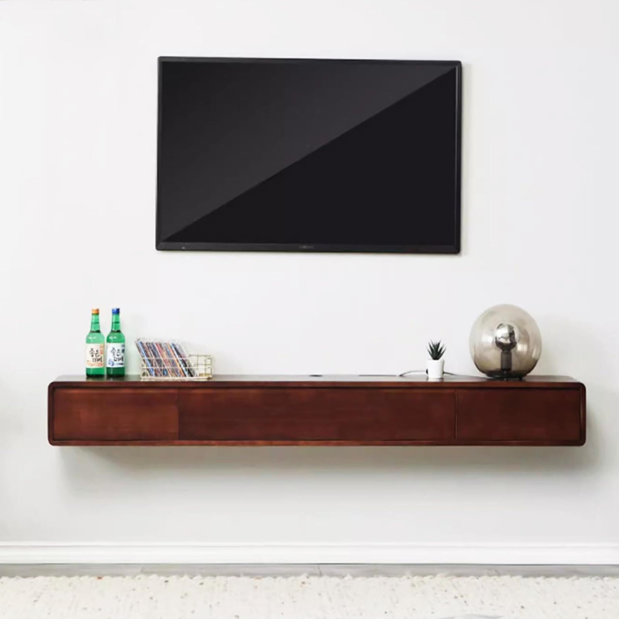 Solid Wood Floating Tv Stand Shelf With 3 Drawers,Wooden Floating Tv Cabinet,Wall Mounted Entertainment Center Floating Media Console,Suitable For Living Room, Bedroom(Brown,63"W x 8"D x 9.5"H) WOLWES