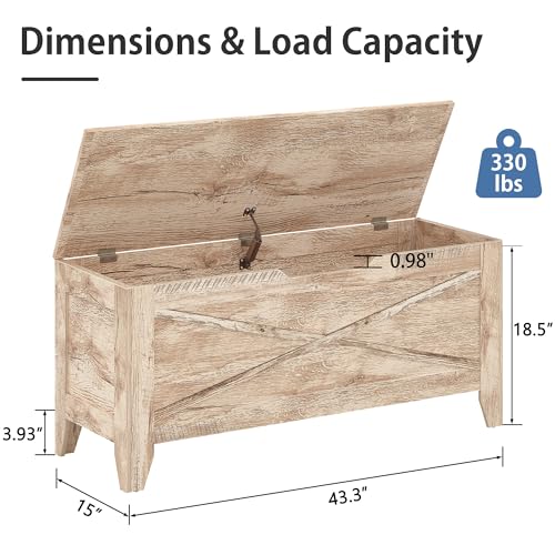 VECELO 43.3" Storage Bench, Entryway Shoe Ottoman, Farmhouse Style Bench with Handwoven Cushion and Metal Safety Hinges for Bedroom, Living Room, Entryway, Wood VECELO