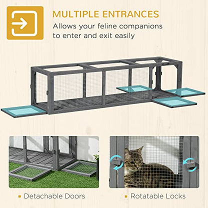 PawHut Outdoor Cat Tunnel with Extendable Design, 59" L Wooden Cat Run with Weather Protection, Connecting Inside and Outside, for Deck Patios, Balconies, Gray - WoodArtSupply