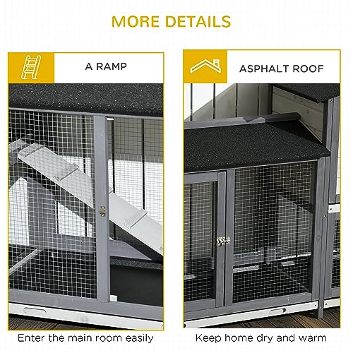 PawHut 90.5" Wooden Rabbit Hutch Bunny Cage Pet Playpen House Enclosure with Double Side Run Boxes, No Leak Tray, Ramp, for Guinea Pig and Small Animals, Light Gray PawHut