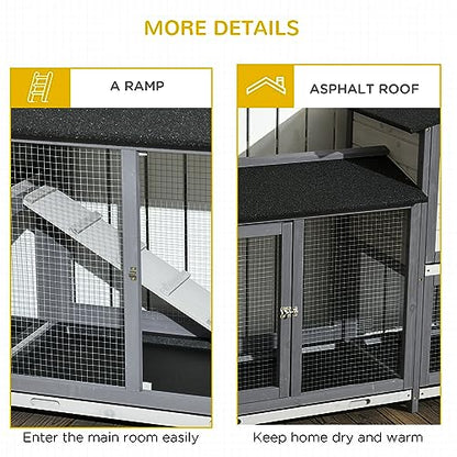 PawHut 90.5" Wooden Rabbit Hutch Bunny Cage Pet Playpen House Enclosure with Double Side Run Boxes, No Leak Tray, Ramp, for Guinea Pig and Small Animals, Light Gray - WoodArtSupply