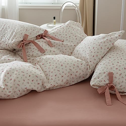 HighBuy Farmhouse Comforter Set Twin XL Botanical Floral Bedding Comforters for Teen Girls with 2 Bowknot Bow Tie Pillowcases Fluffy Soft Coquette Boho Comforter Cozy,Comfy Striped Comforter HighBuy
