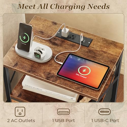 Huuger Nightstands Set of 2, Night Stand with Charger Station, 2 Drawer Side Table with Open Shelf, USB-C Port, End Table for Small Spaces, X Shaped Side Rail, Rustic Brown Huuger