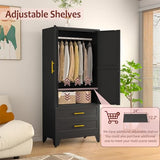 Metal Wardrobe Closet with 2 Doors & 2 Drawers, 71" Tall Armoire Wardrobe Closet with Hanging Rods and Adjustable Shelf, Steel Wardrobe Storage Cabinet for Bedroom-Black winiowa