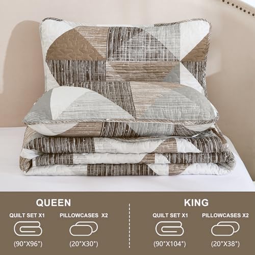 Dintszyayue Quilt Queen Size Brown, 3 Pieces Patchwork Bedspread Bedding for Queen Size Bed, Soft Lightweight Microfiber Geometric Coverlet Set for All Season Quilt with 2 Pillowcases Dintszyayue