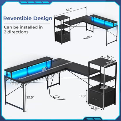 SEDETA L Shaped Gaming Desk, 51" Computer Desk with Storage Shelves, Gamer Desk with Power Outlets & LED Lights, Fabric Drawer, Monitor Stand and Hooks, Black - WoodArtSupply