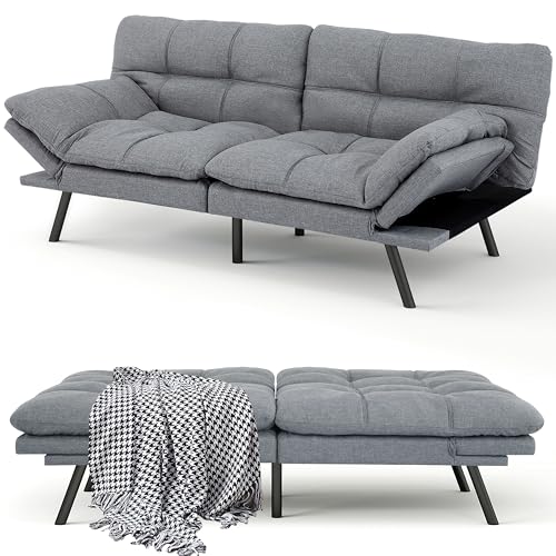 MUUEGM 71" Futon Sofa Bed, Comfortable Memory Foam Futons Sofa with Adjustable Backrest & Armrests, Convertible Loveseat Futon Bed for Compact Living Room, Apartment, Office, Grey MUUEGM