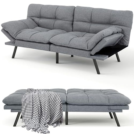MUUEGM 71" Futon Sofa Bed, Comfortable Memory Foam Futons Sofa with Adjustable Backrest & Armrests, Convertible Loveseat Futon Bed for Compact Living Room, Apartment, Office, Grey MUUEGM
