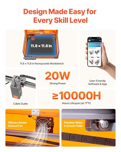 VEVOR Laser Engraver, 20W, Laser Engraving and Cutting Machine with Enclosure, Laser Cutter Engraver Machine, 7000 mm/min, 11.8 x 11.8 in Working Area, for Wood, Leather, Glass, Certain Metal, Class 1 VEVOR
