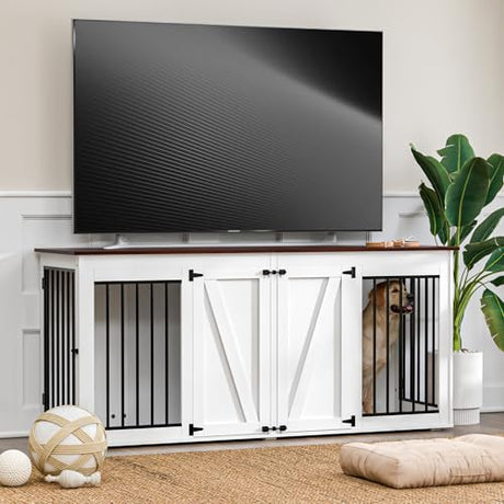 Zamildon's 71 in Dog Crate Furniture for 1 or 2 Dogs, Large Double Dog Kennel Furniture TV Stand, Furniture Style Dog Crates End Table with Removable Divider, Dog Kennel Indoor Zamildon's