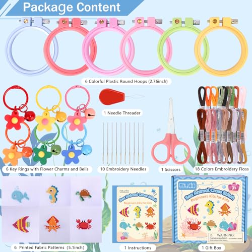 Caydo 6 Pieces Sea Animal Cross Stitch Kit for Kids with Stamped Aida Cloth, Embroidery Hoops, Keychains, Embroidery Tools and Instructions for Beginners DIY Craft Ornament