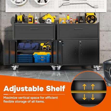 Metal Storage Cabinets Locker with Shelves and Drawer, Metal Rolling Storage Cart, Adjustable Shelf, Tool Organizer for Garage Warehouse, Black, 35" H x 30" W x 18" D Metallitrend