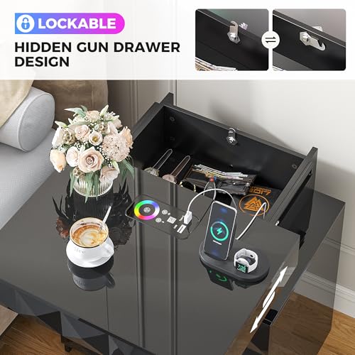 Dystler LED Nightstand Set of 2 with Charging Station,3 Drawers Night Stand with Lockable Hidden Storage,Smart Bedside Table with Human Sensor RGB Lights for Bedroom,Black Dystler