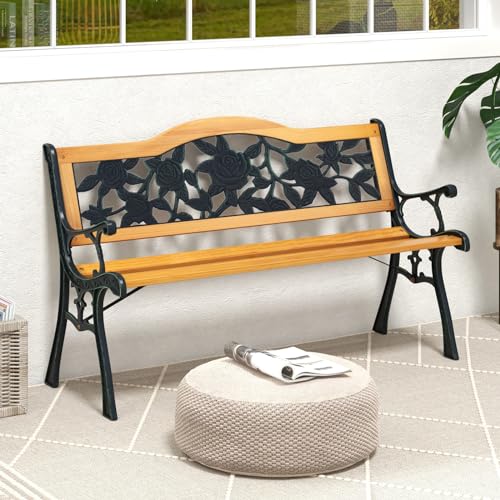 Tangkula Cast Iron & Hardwood Outdoor Garden Bench - Sturdy Weatherproof Loveseat for Patio, Deck, and Lawn - WoodArtSupply