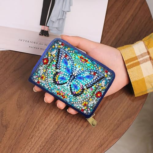 Credit Card Holder, DIY Diamond Art Painting Zipper Credit Cards Wallet for Women Accordion Card Cases Holder KeyChain Wallet-Blue Butterfly WoodArtSupply