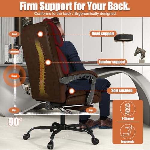 Ergonomic Office Chair with Footrest, 400lbs High Back Executive Home Office Computer Chair with Unique Ear-Shape Headrest for Neck Support,Coffee Leather Office Chairs for Home Office Work Hihady
