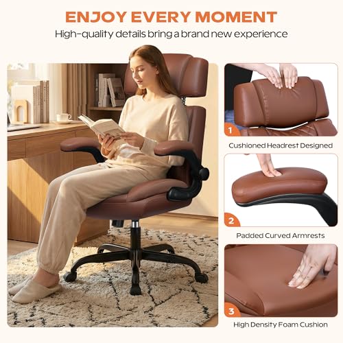 Ergonomic Executive Office Chair with Flip-Up Arms, Faux Leather Desk Chair with Lumbar Support, Adjustable Headrest Home Office Computer Gaming Chair, Comfy 360° Swivel & Rocking Function fidom