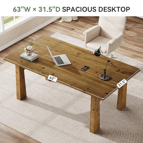 TRIBEWOOD Solid Wood Executive Desk, 63-Inch Computer Desk with Sturdy Wooden Legs, Farmhouse Workstations Writing Table Conference Table Business Furniture for Home Office TRIBEWOOD