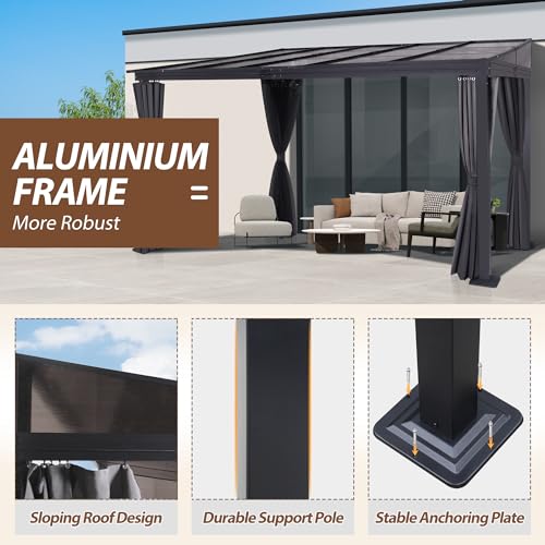 10' x 13' Lean to Gazebo, Wall Mounted Gazebo with Aluminum Frame, Polycarbonate Hardtop Gazebo Pergola with Sloping Roof for Outdoor, Backyard, Patio(Grey)