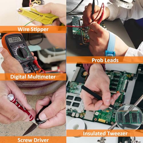 Electric Sodering Iron Kit set 110V 60W Adjustable Temperature Soldering Iron Digital Multimeter 5pcs Soldering Tips Solder Wire Stand, Desoldering Pump Tweezers Welding Tool Screwdriver wire stripper daGodtech