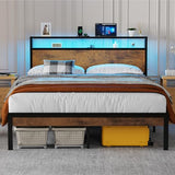 Flolinda King Size Bed Frame with Headboard, King Metal Bed Frame Storage with LED Lights & Charging Station,w/Solid 11 Bed Legs, No Box Spring Needed, Noise Free, Easy Assembly Flolinda