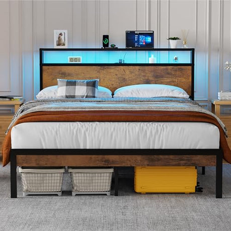 Flolinda King Size Bed Frame with Headboard, King Metal Bed Frame Storage with LED Lights & Charging Station,w/Solid 11 Bed Legs, No Box Spring Needed, Noise Free, Easy Assembly Flolinda