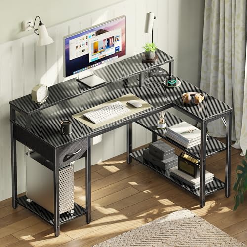SUPERJARE 47 inch Reversible L Shaped Desk with LED Lights & Power Outlets, Computer Desk with Shelves & Monitor Stand, Gaming Desk with Drawer, Home Office Desk Corner Desk, Carbon Fiber Black SUPERJARE