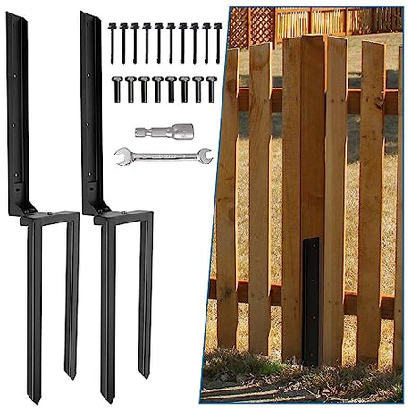AXWHYS Fence Post Repair 2 Pack,Fence Post Stake Double Ground Spike with Black Powder-Coated for Repair Tilted/Broken Wood Fence Post AXWHYS