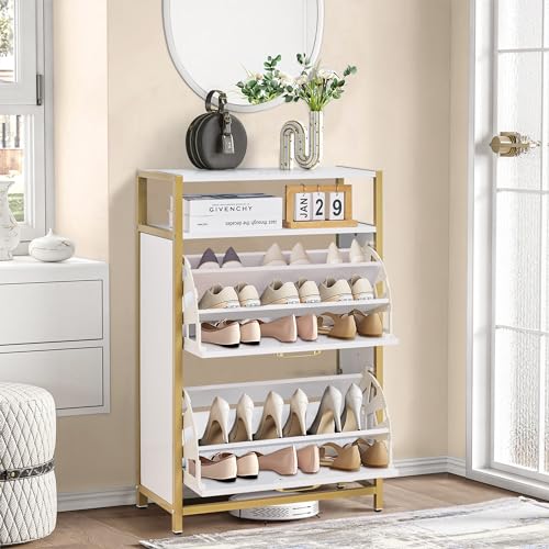 VECELO Shoe Storage Cabinet with 2 Flip Entryway Modern Slim Hidden Freestanding Organizer with Metal Legs for Narrow Hallway, Living Room, Large Capacity, White, 2-Drawers - WoodArtSupply