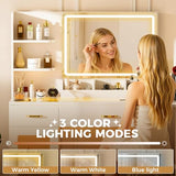 COMHOMA Vanity Desk with Mirror and Lights, Makeup Vanity with 3-Color LED, Transparent Top and RGB Drawers, White Desk with Open Shelves and Glass Cabinet, Built-in Power Outlet & Foldable Tabletop COMHOMA