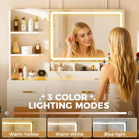 COMHOMA Vanity Desk with Mirror and Lights, Makeup Vanity with 3-Color LED, Transparent Top and RGB Drawers, White Desk with Open Shelves and Glass Cabinet, Built-in Power Outlet & Foldable Tabletop COMHOMA