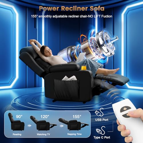 TOMOSLTER Home Theater Seating Power Recliner Chair, Massage Reclining Sofa with Cup Holders, Wall Hugger RV Recliners,145° Adjustable Recline & Pockets for Movie Room(Black, Single Chair)