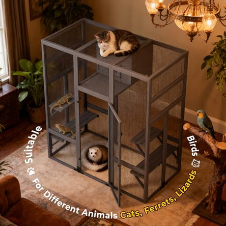 COZIWOW Large Outdoor Cat Cage with Insulated Cat House, 3-Tier Jump Platform, PVC Weatherproof Cover, Removable Cushion, DIY Art Back Door, Wooden Construction, Fits Big Cats, 62.6 x 32.3 x 70 Inches COZIWOW