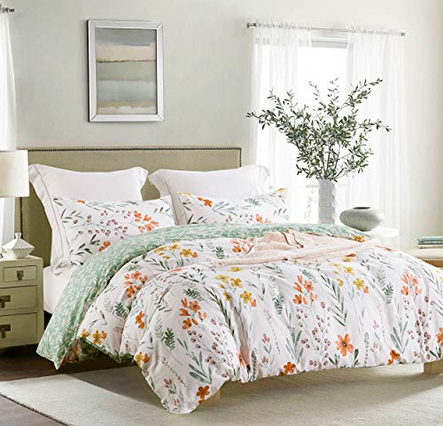 SLEEPBELLA Duvet Cover Set 600 Thread Count Cotton Bedding Set (Full, White&Green Floral) SLEEPBELLA